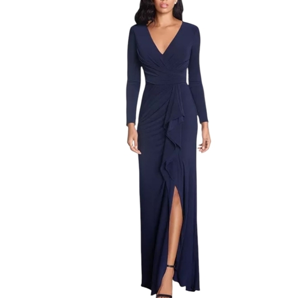 Betsy & Adam Elegant Navy Long Sleeve V Neck Ruched Slit Long Gown NWT Sz 10 - Picture 4 of 7
